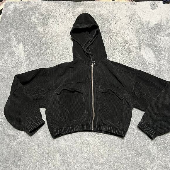 BDG Urban Outfitters Jacket Womens Small Black Corduroy Cropped Hooded Coat - Picture 1 of 7